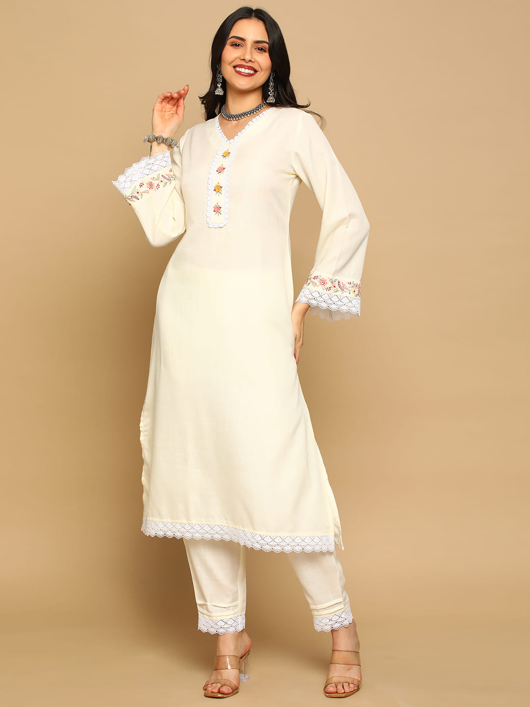 Cream-Cotton-Blend-Bell-Sleeves-Embroidered-3-Piece-Kurta-Set