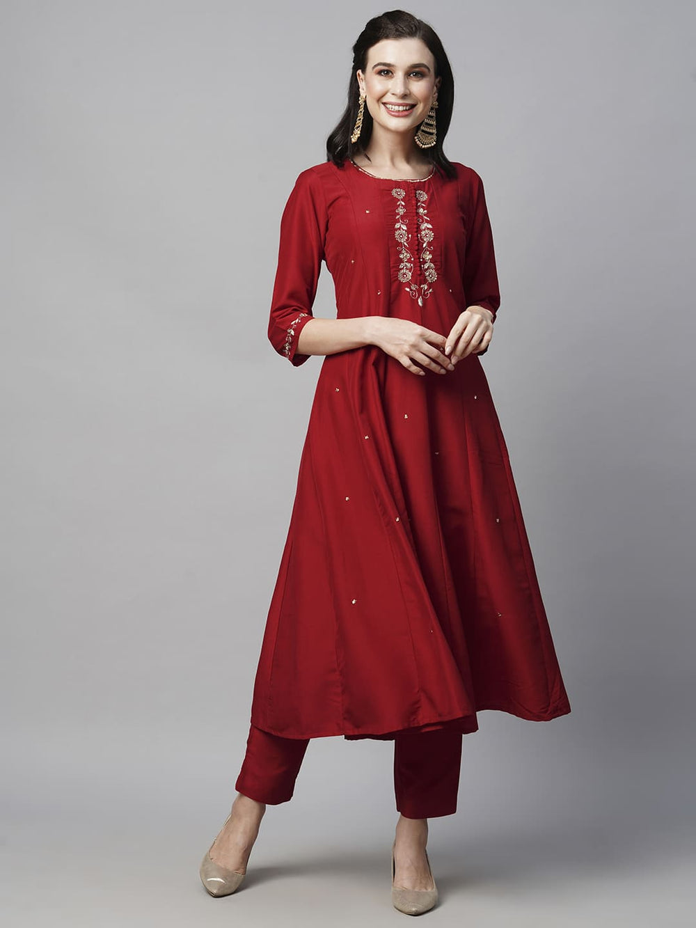 Maroon-Red-Silk-Blend-Zari-Embroidered-3-Piece-Kurta-Set
