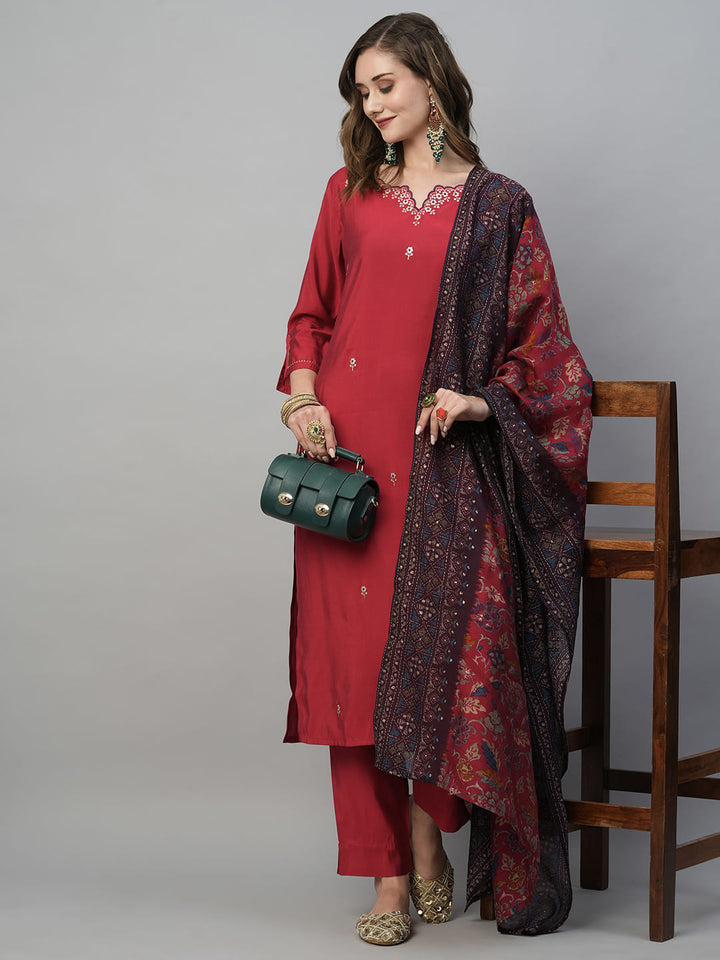 Maroon-Silk-Blend-Embroidered-3-Piece-Kurta-Set