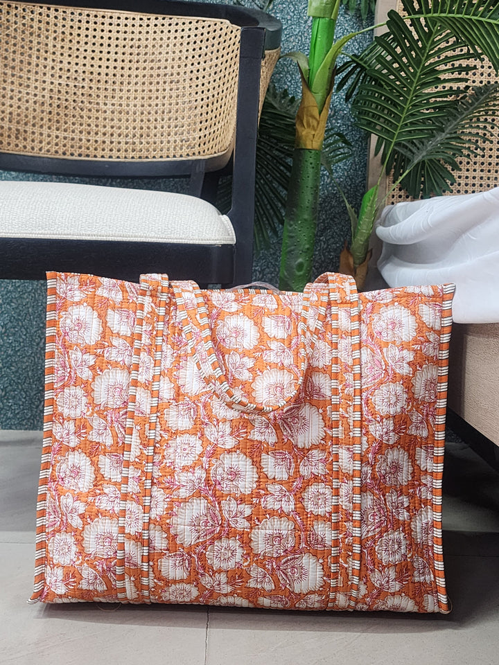 Orange-&-White-Jute-Handblock-Printed-Tote-Bag-Without-Zip