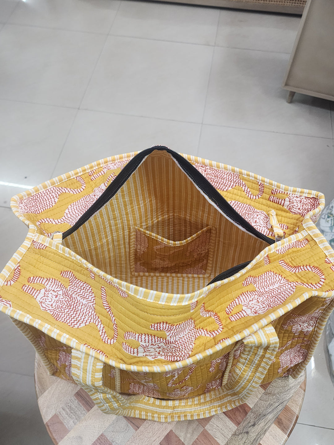 Yellow-Jute-Handblock-Printed-Tote-Bag-With-Concealed-Zip