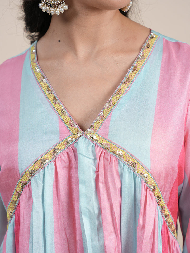 Sky-Blue-&-Pink-Silk-Blend-Printed-3-Piece-Kurta-Set