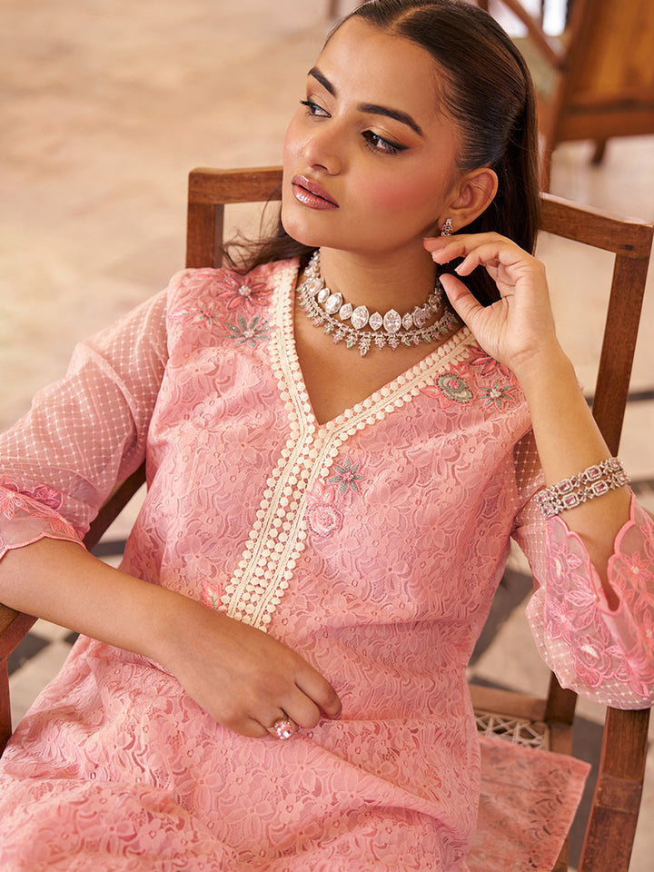 Pink-Raschel-Knit-Floral-2-Piece-Kurta-Set