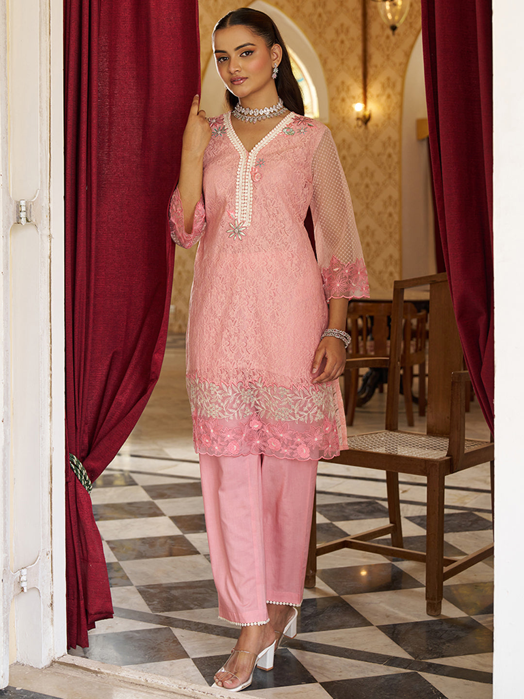 Pink-Raschel-Knit-Floral-2-Piece-Kurta-Set