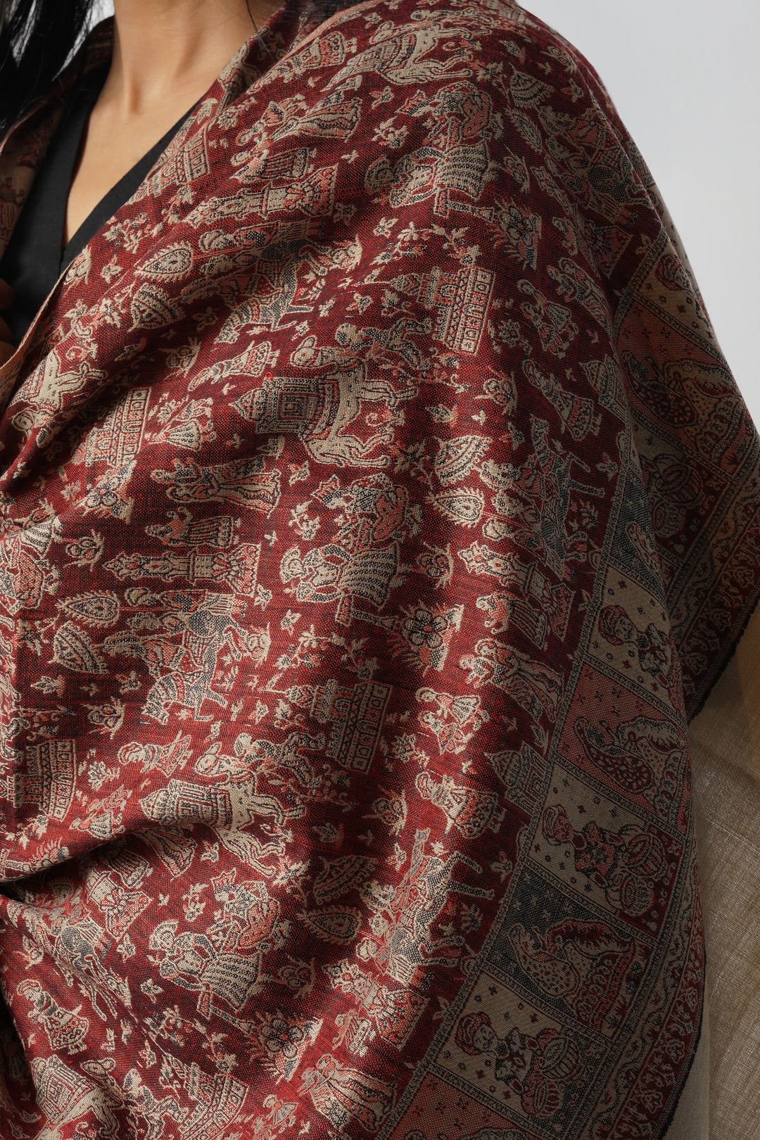 Beige & Red Mughal Story Woven Wool Blend Shawl