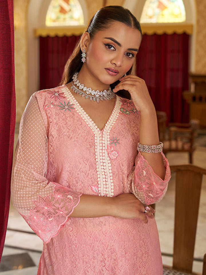 Pink-Raschel-Knit-Floral-2-Piece-Kurta-Set