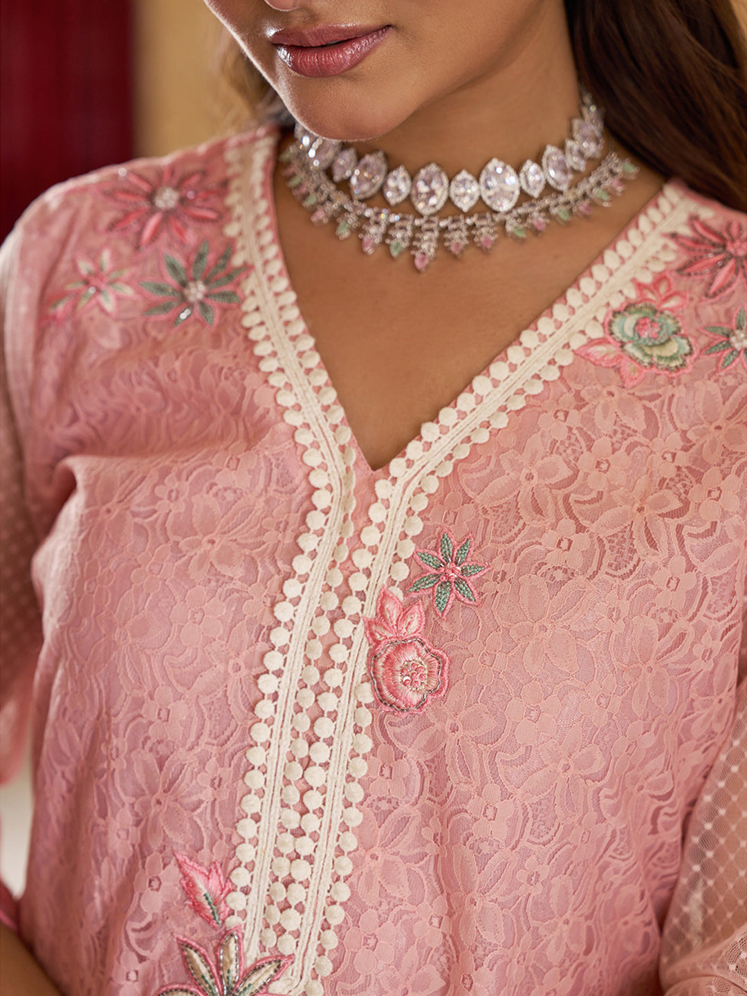 Pink-Raschel-Knit-Floral-2-Piece-Kurta-Set