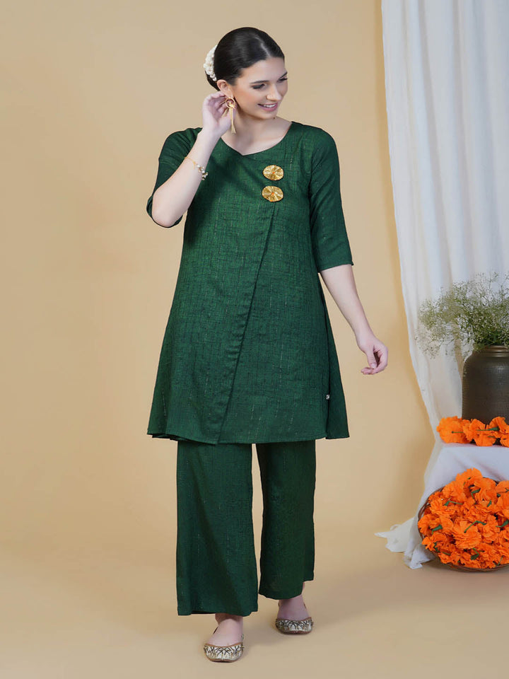 Green Lurex A-Line Kurta Pants Set