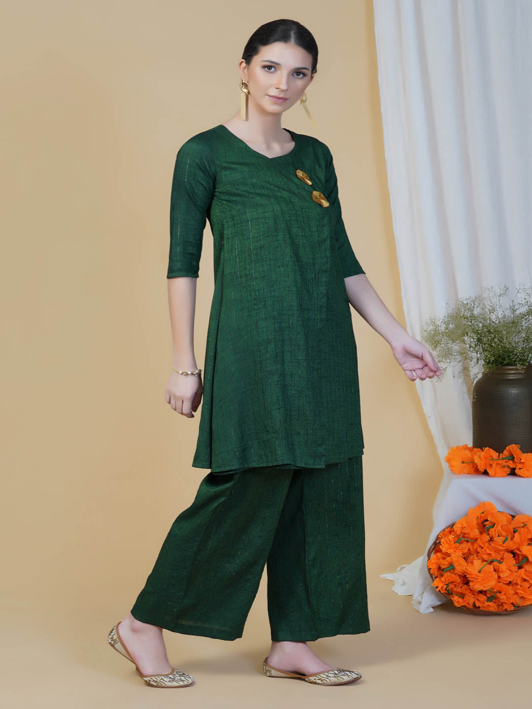 Green Lurex A-Line Kurta Pants Set