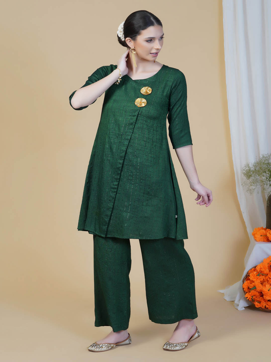 Green Lurex A-Line Kurta Pants Set