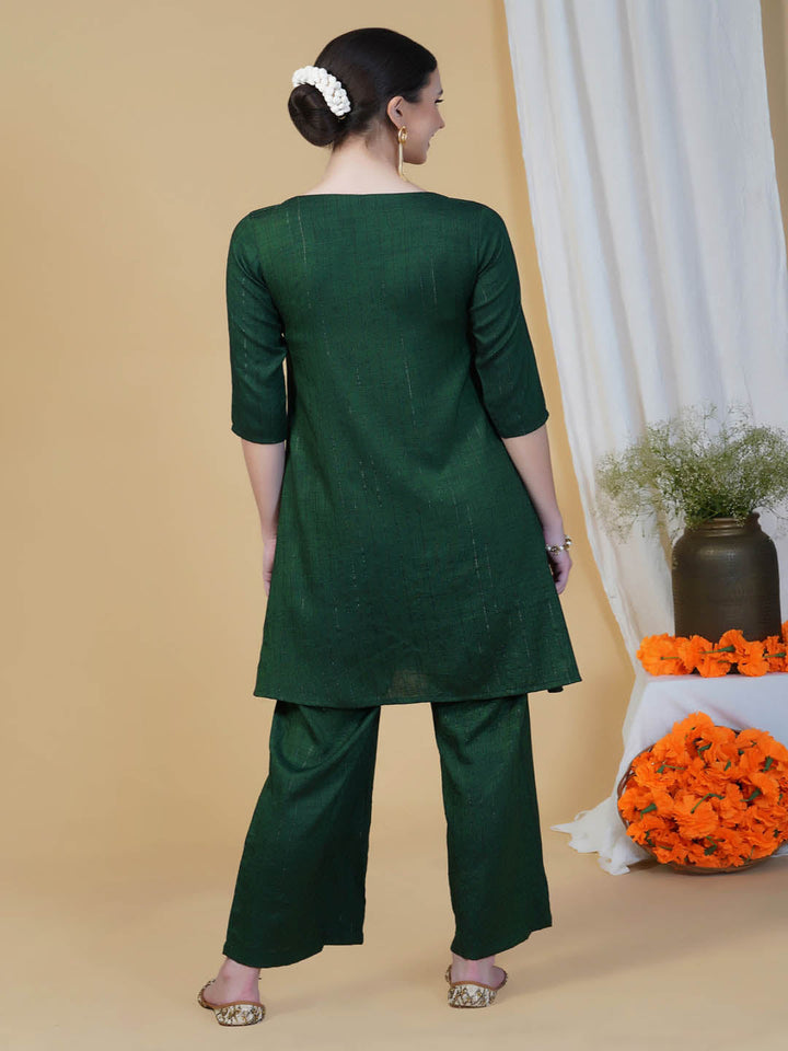 Green Lurex A-Line Kurta Pants Set