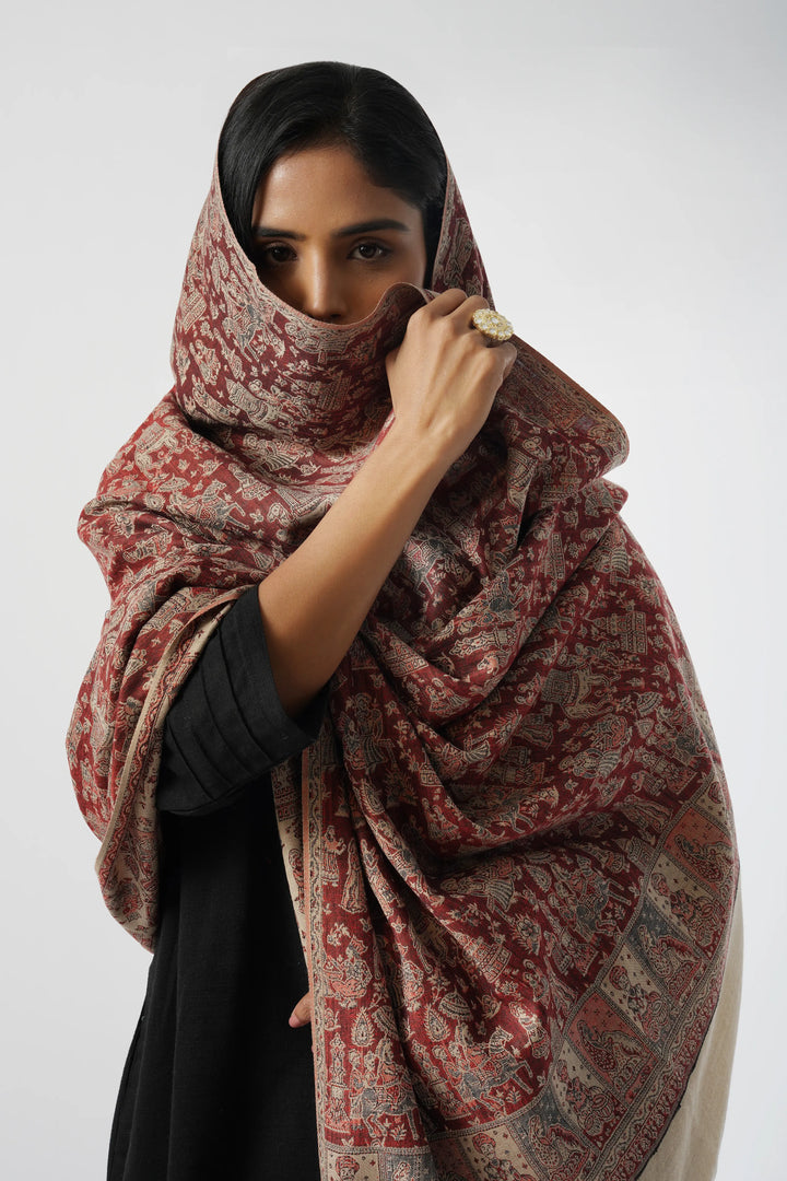 Beige & Red Mughal Story Woven Wool Blend Shawl