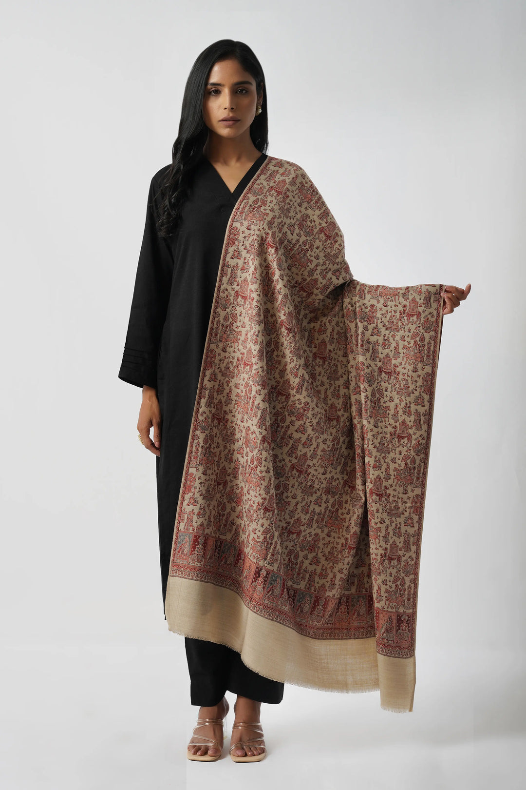 Beige & Red Mughal Story Woven Wool Blend Shawl