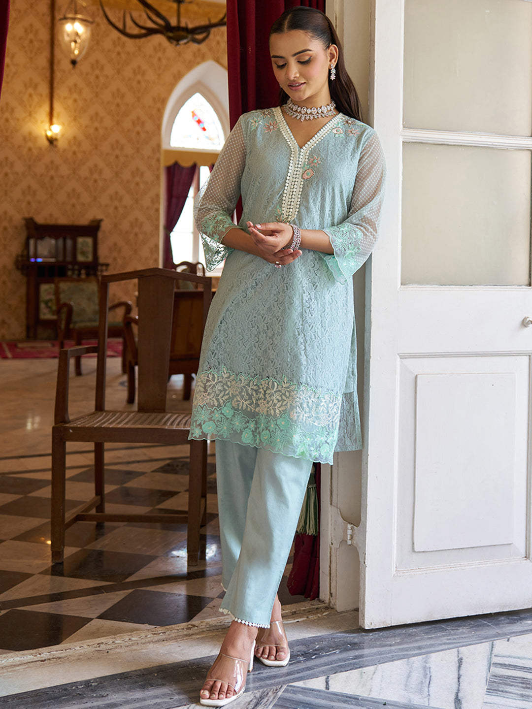Blue-Raschel-Knit-Floral-2-Piece-Kurta-Set
