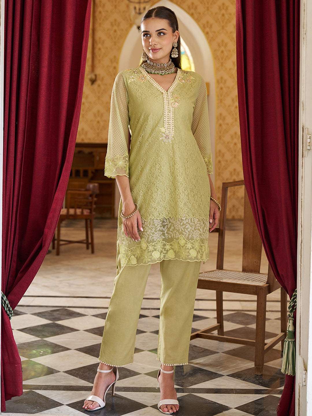 Olive-Green-Raschel-Knit-Floral-2-Piece-Kurta-Set