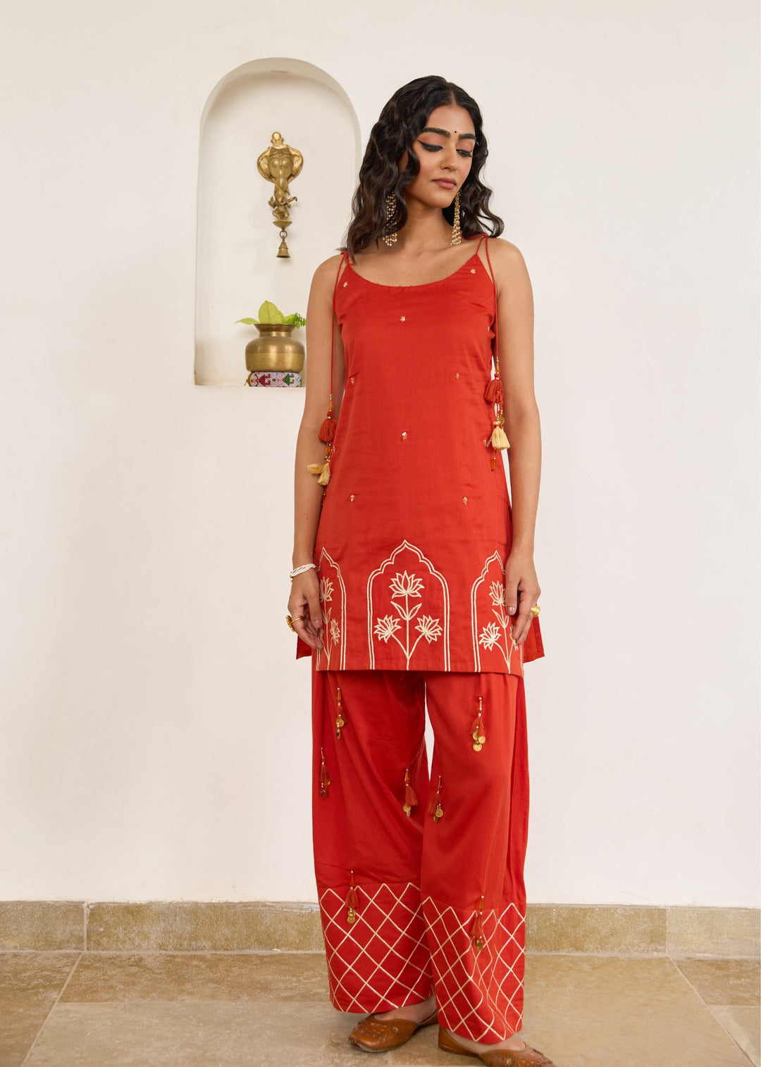 Kesar-Orange-Mulmul-Strappy-Kurta-With-Farshi-Shalwar-Set