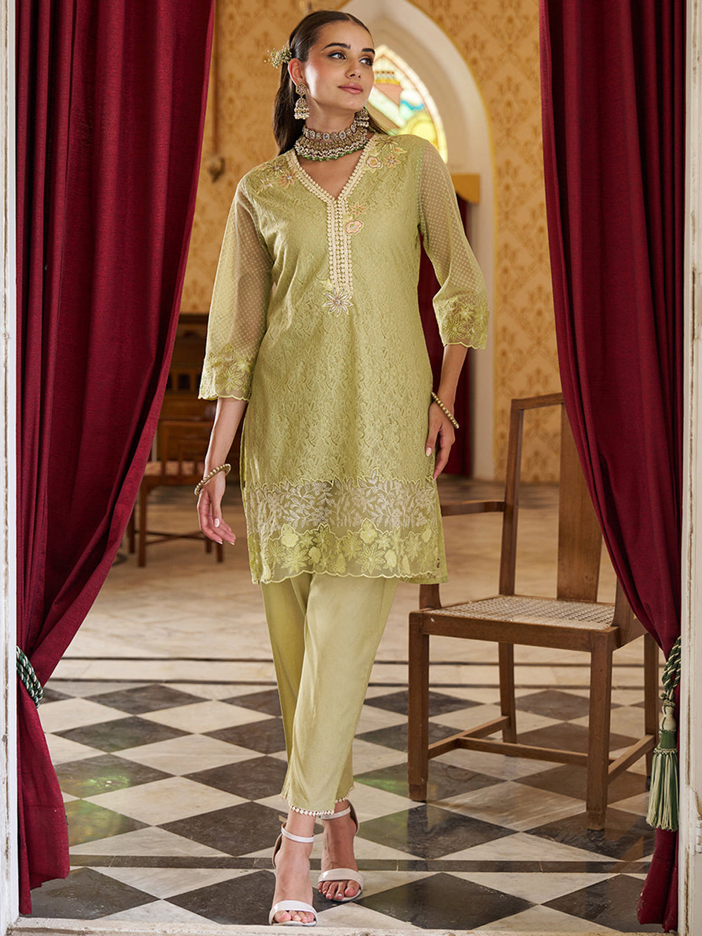 Olive-Green-Raschel-Knit-Floral-2-Piece-Kurta-Set
