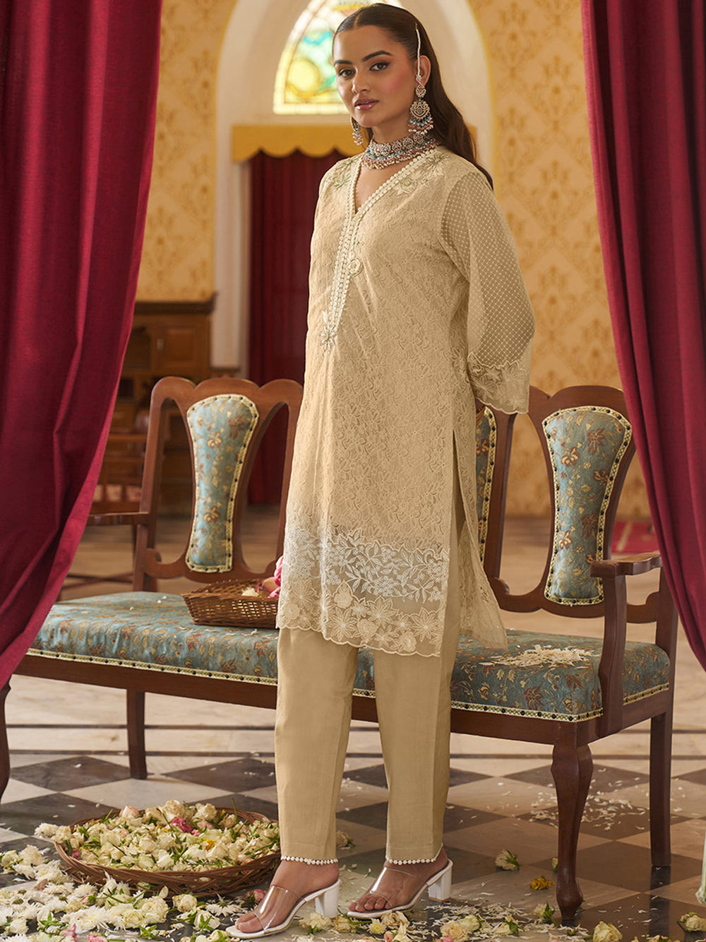 Biege-Raschel-Knit-Floral-2-Piece-Kurta-Set