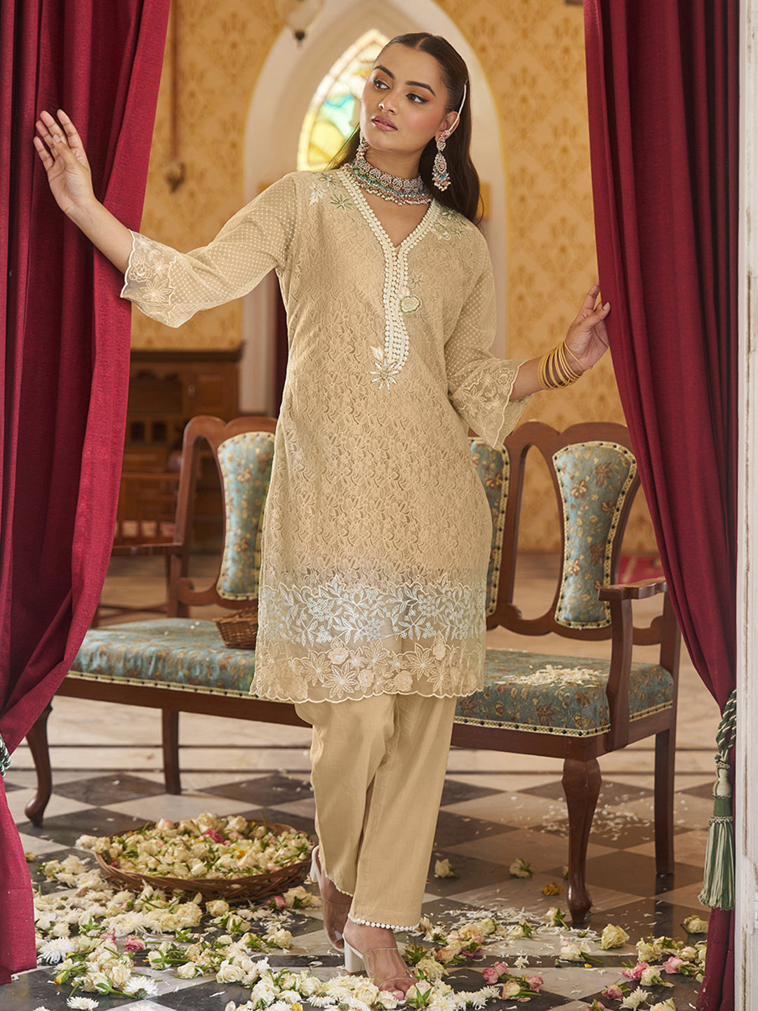 Biege-Raschel-Knit-Floral-2-Piece-Kurta-Set