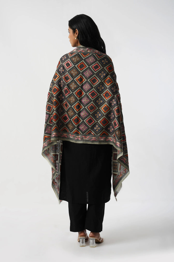 Multicolor Pure Wool Fine-Needle Embroidered Winter Stole