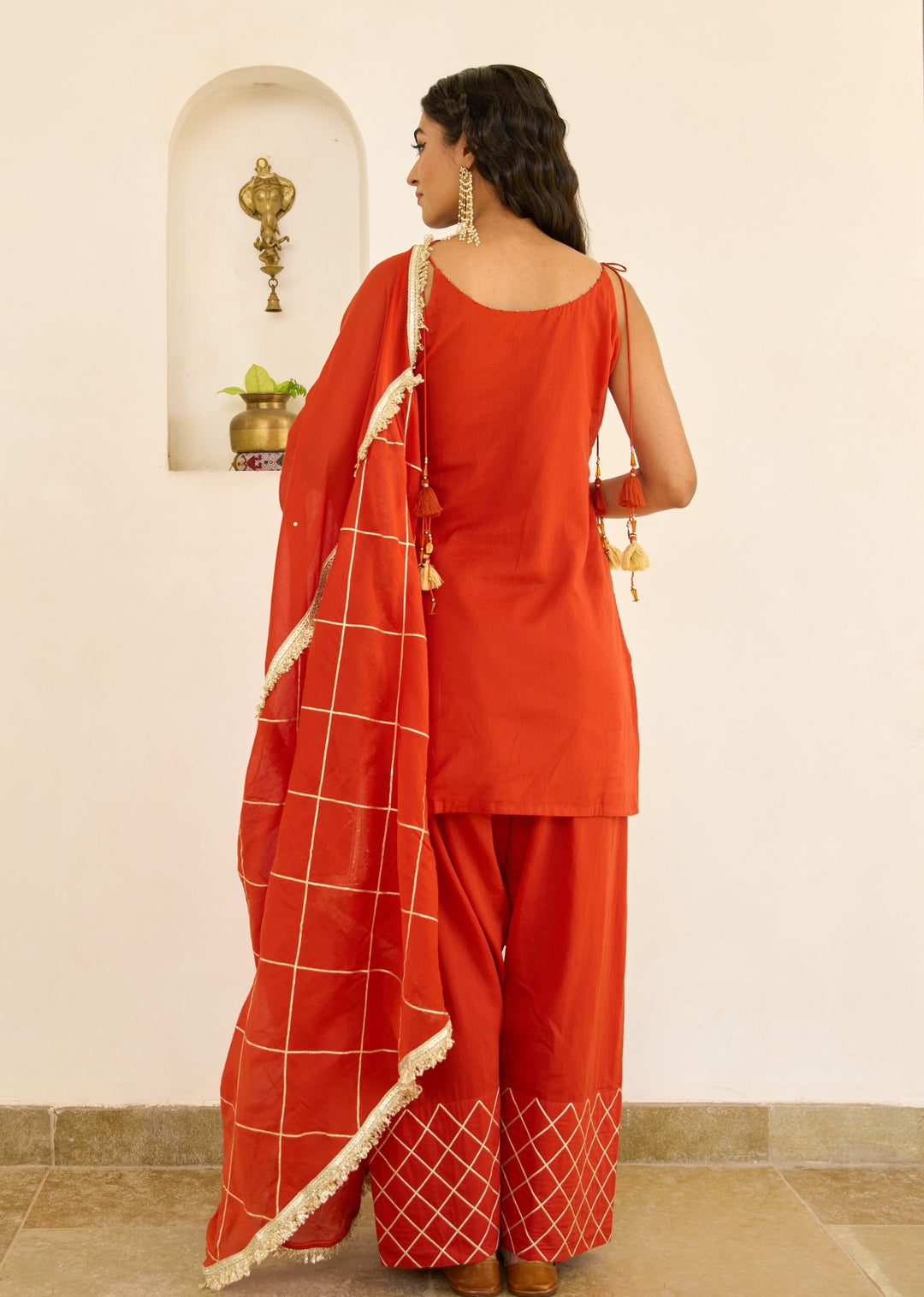 Kesar-Orange-Mulmul-Strappy-Kurta-With-Farshi-Shalwar-Set