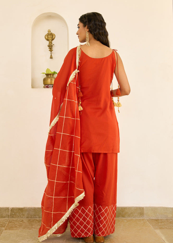 Kesar-Orange-Mulmul-Strappy-Kurta-With-Farshi-Shalwar-Set