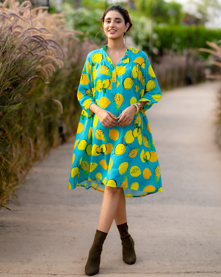 Blue-Rayon-Lemon-Print-Shirt--Maxi-Dress
