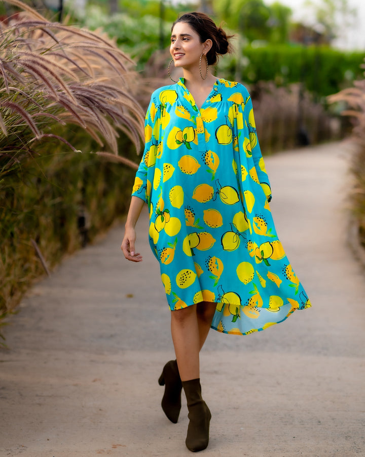 Blue-Rayon-Lemon-Print-Shirt--Maxi-Dress