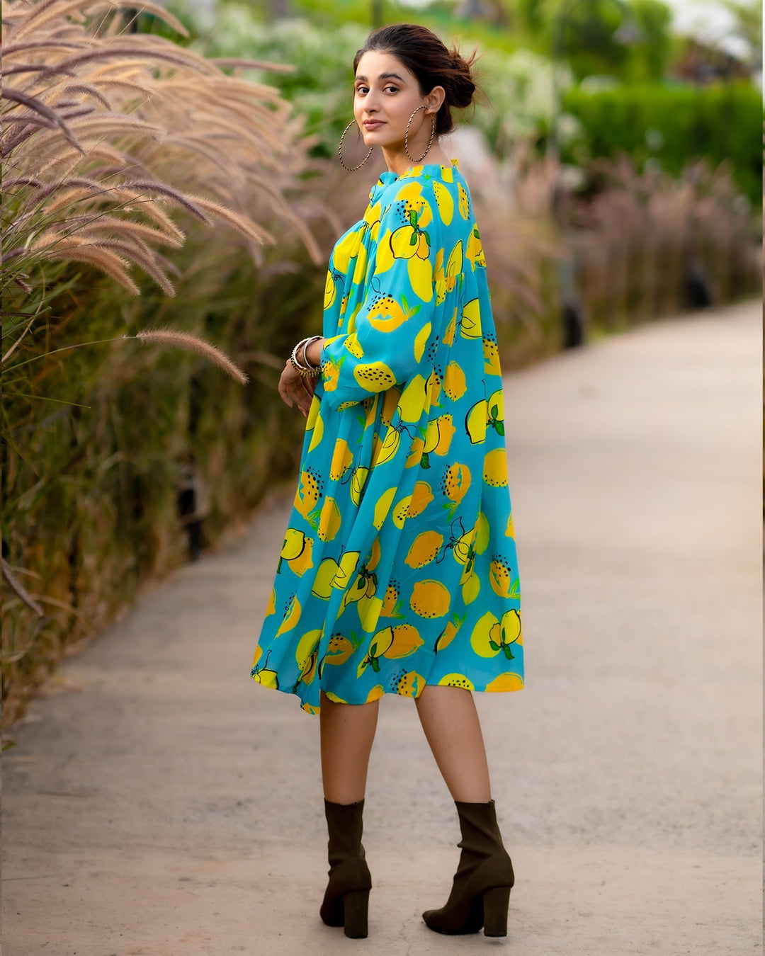 Blue-Rayon-Lemon-Print-Shirt--Maxi-Dress