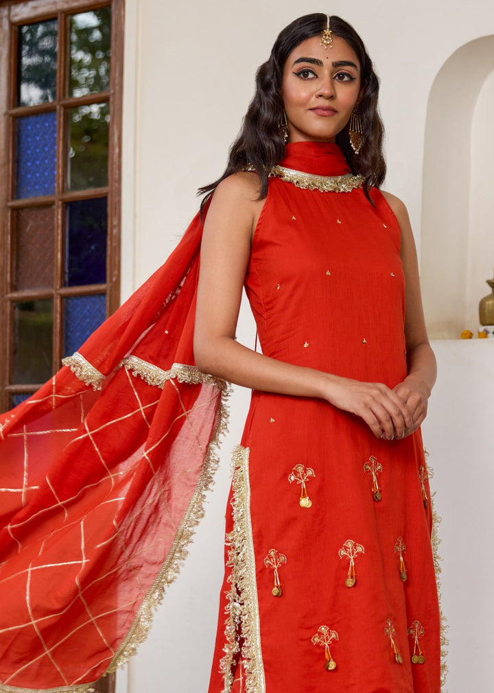 Orange Halter Key Hole Straight Kurta Set