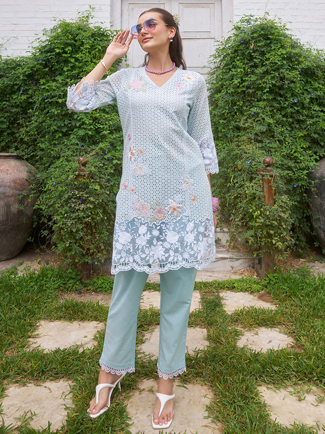 Blue-Cotton-Schiffli-Embroidered-2-Piece-Kurta-Set