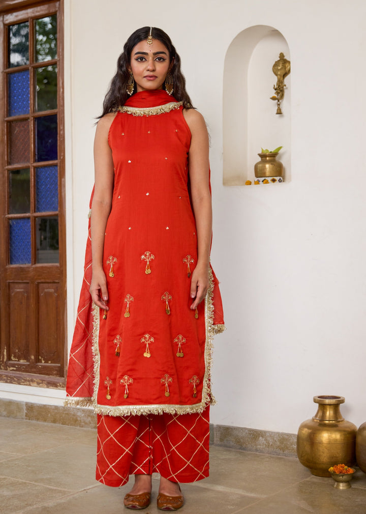 Orange Halter Key Hole Straight Kurta Set