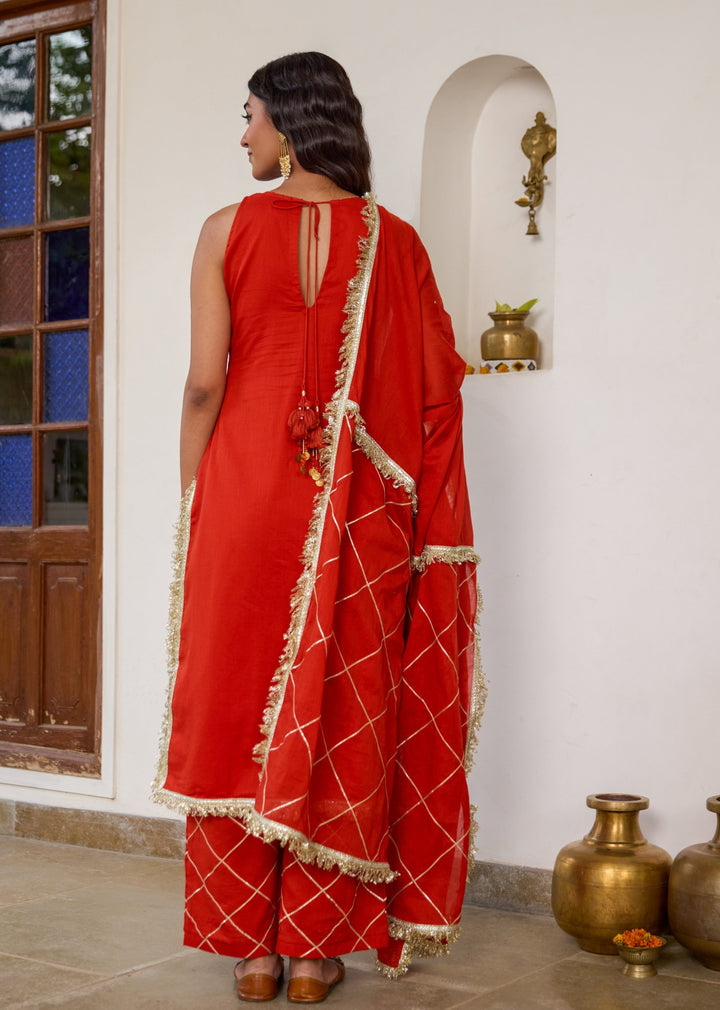 Orange Halter Key Hole Straight Kurta Set