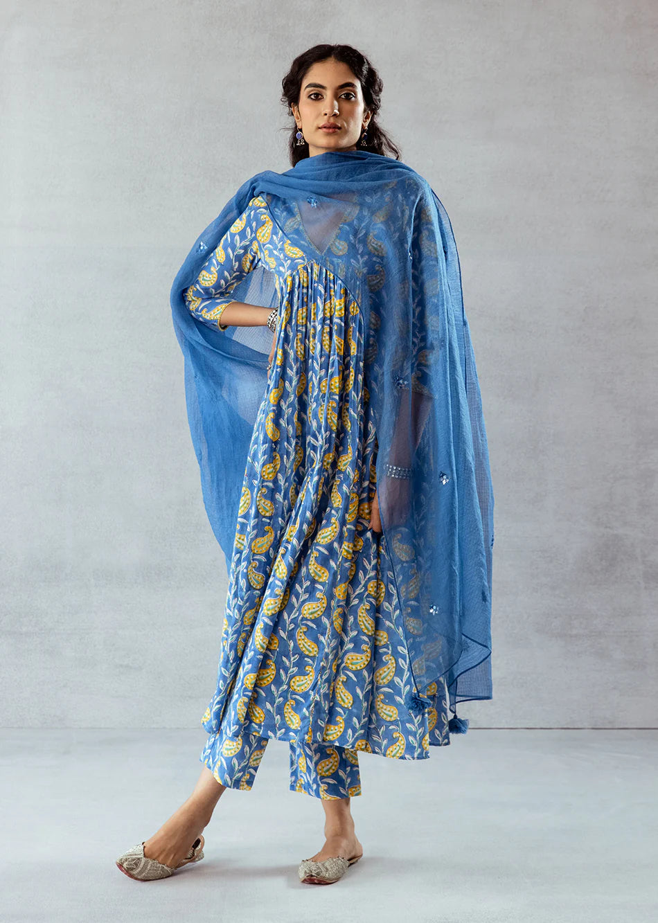 Blue & Yellow Cross Gather Anarkali Suit Set-02