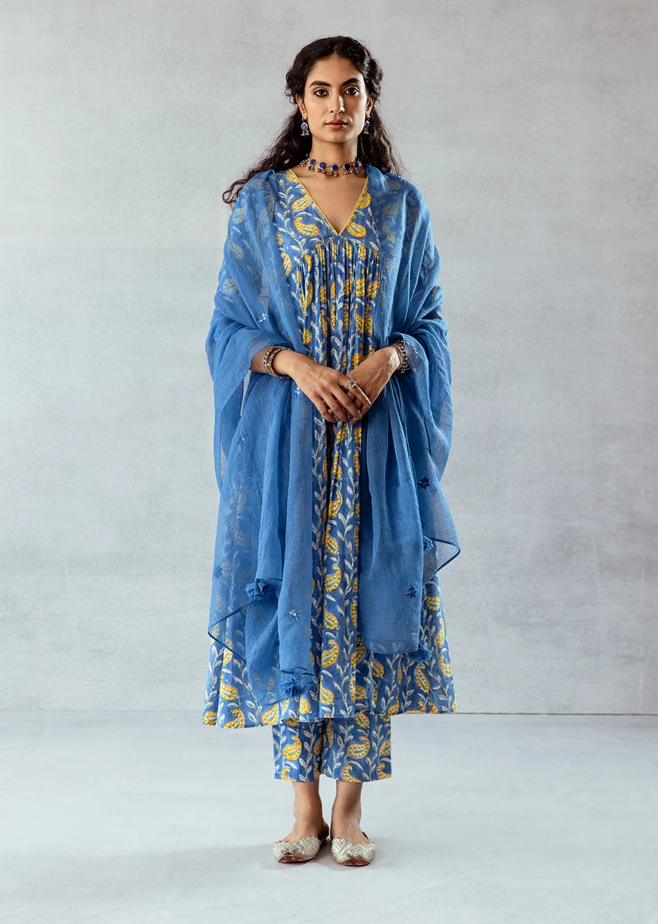 Blue & Yellow Cross Gather Anarkali Suit Set-01