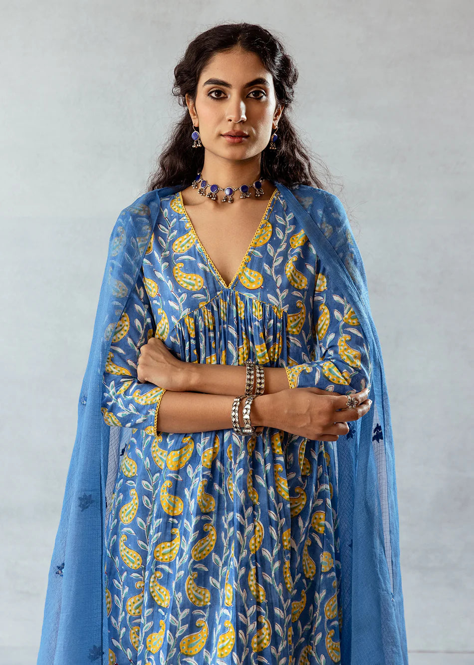 Blue & Yellow Cross Gather Anarkali Suit Set-03