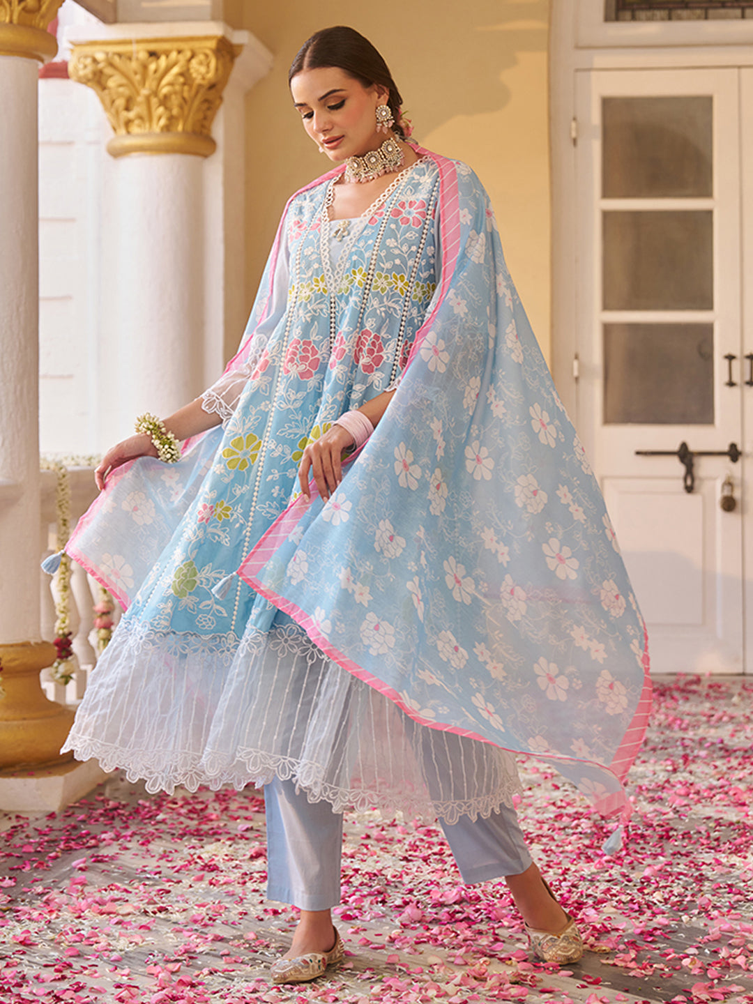 Blue-Cotton-Floral-Embroidered-3-Piece-Kurta-Set