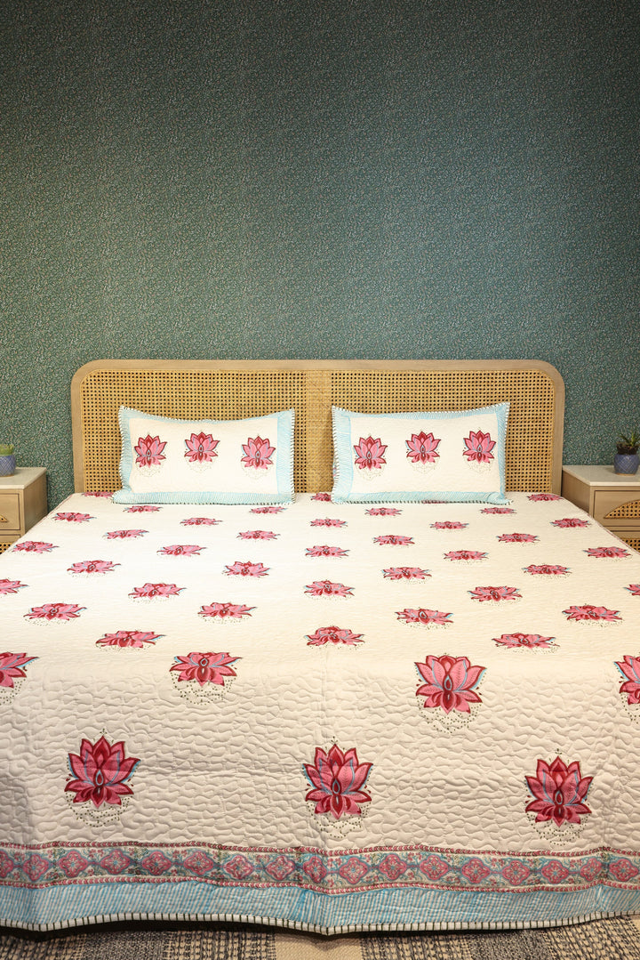 Cream-Cotton-Handblock-Print-Bedcover-With-2-Pillow-Covers