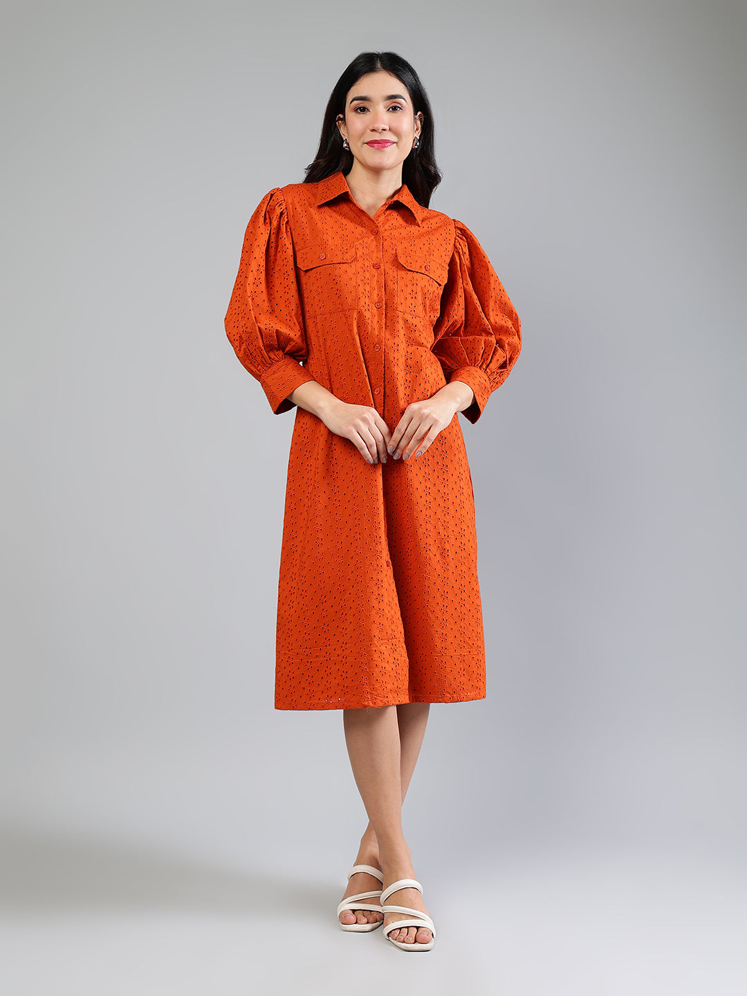 Brick-Red-Cotton-Schiffli-Midi-Dress