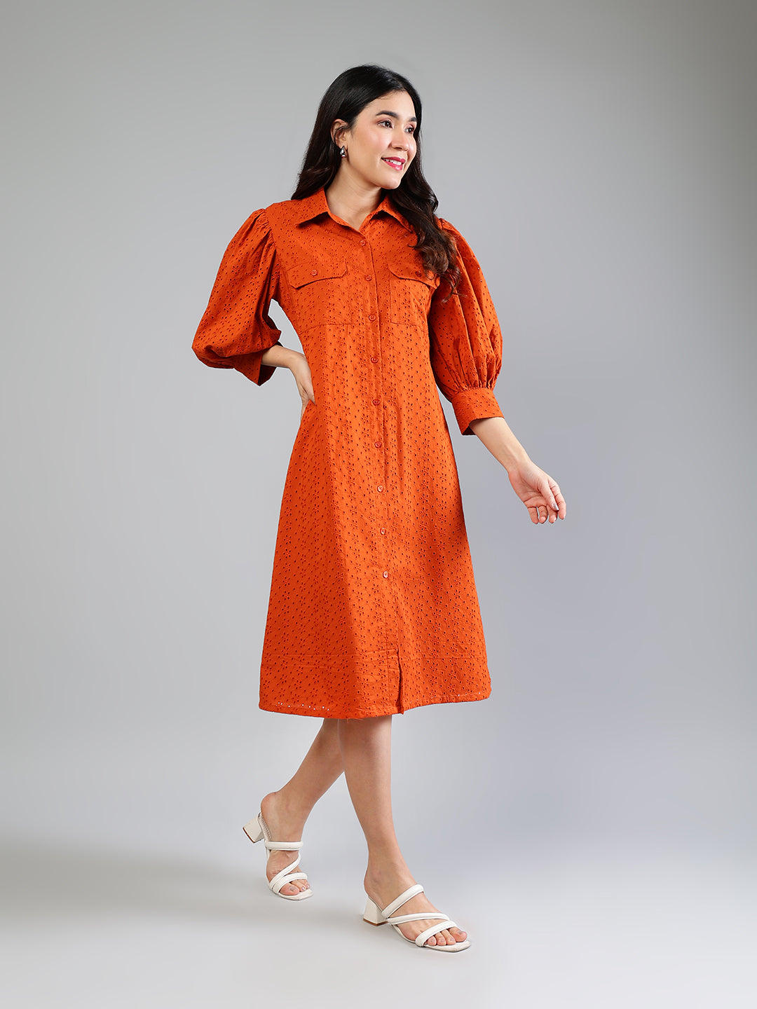 Brick-Red-Cotton-Schiffli-Midi-Dress