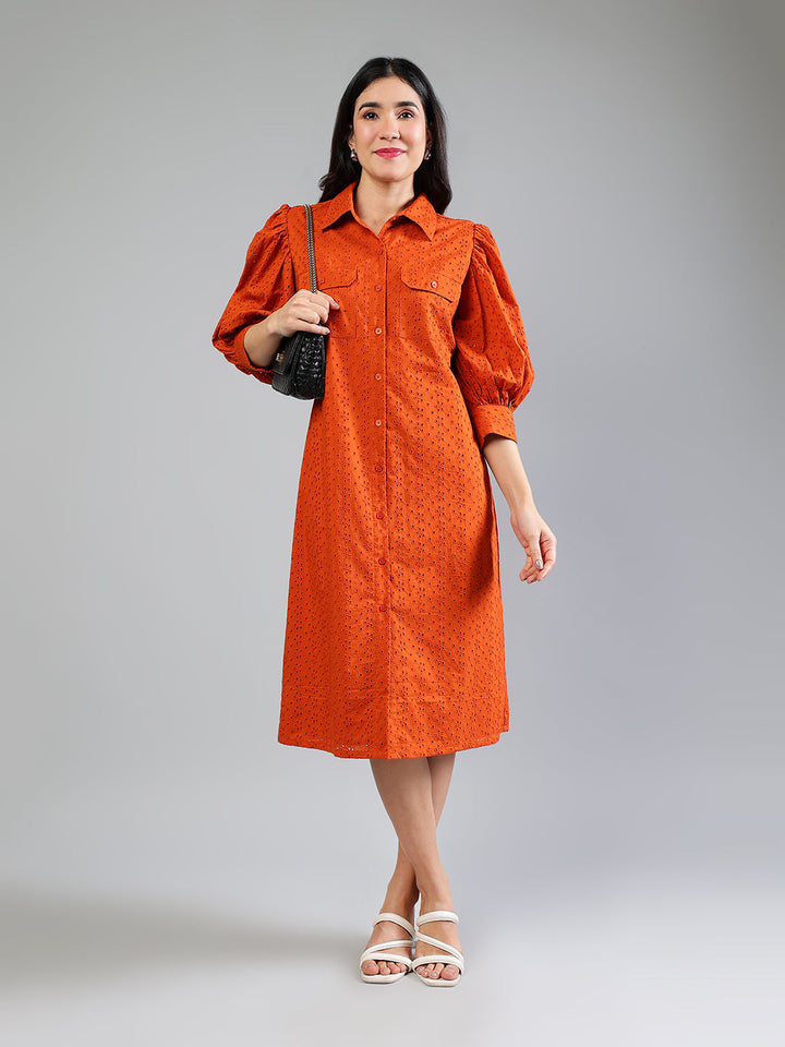 Brick-Red-Cotton-Schiffli-Midi-Dress