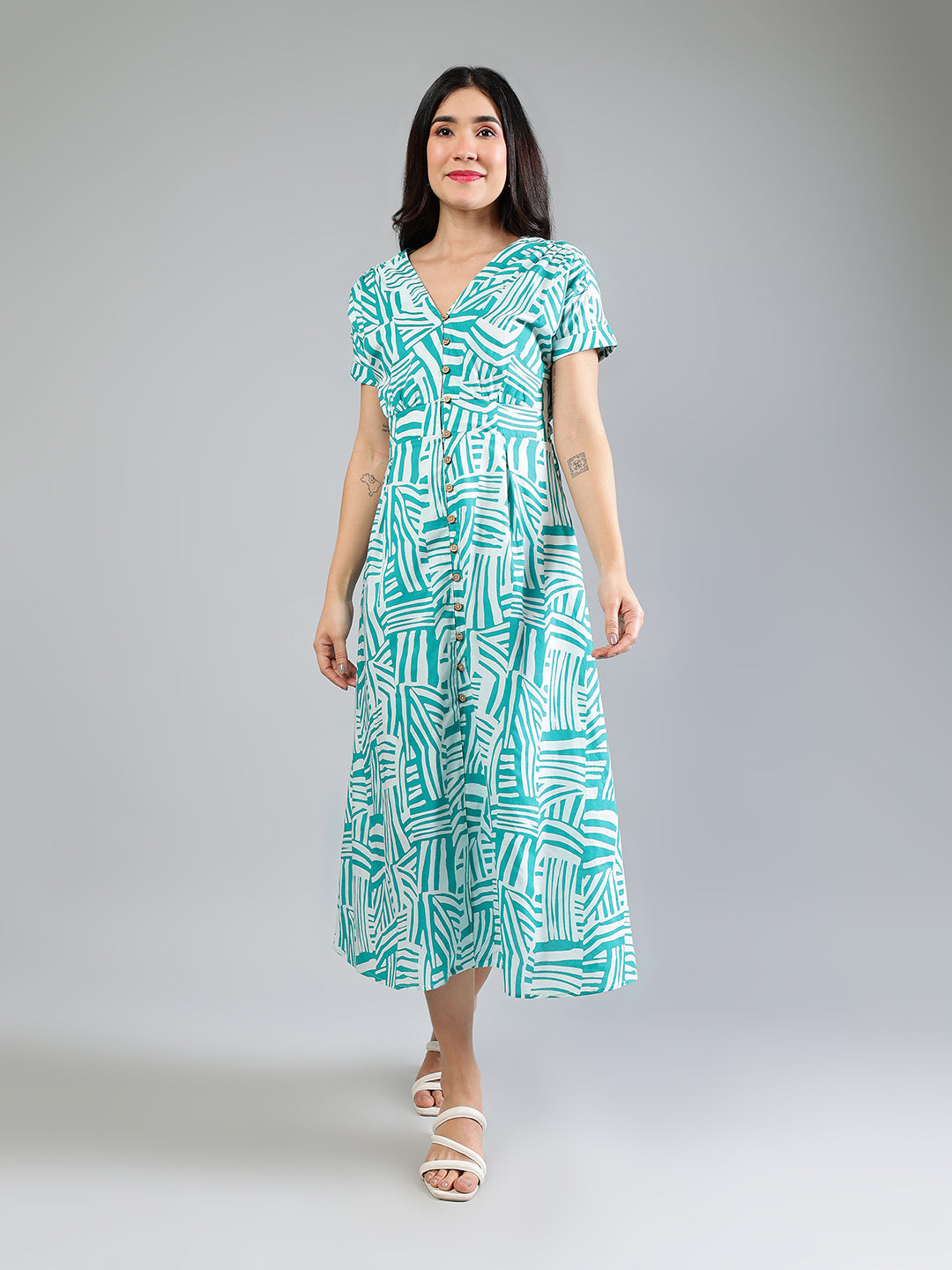 Teal-Cotton-Printed-Midi-Dress