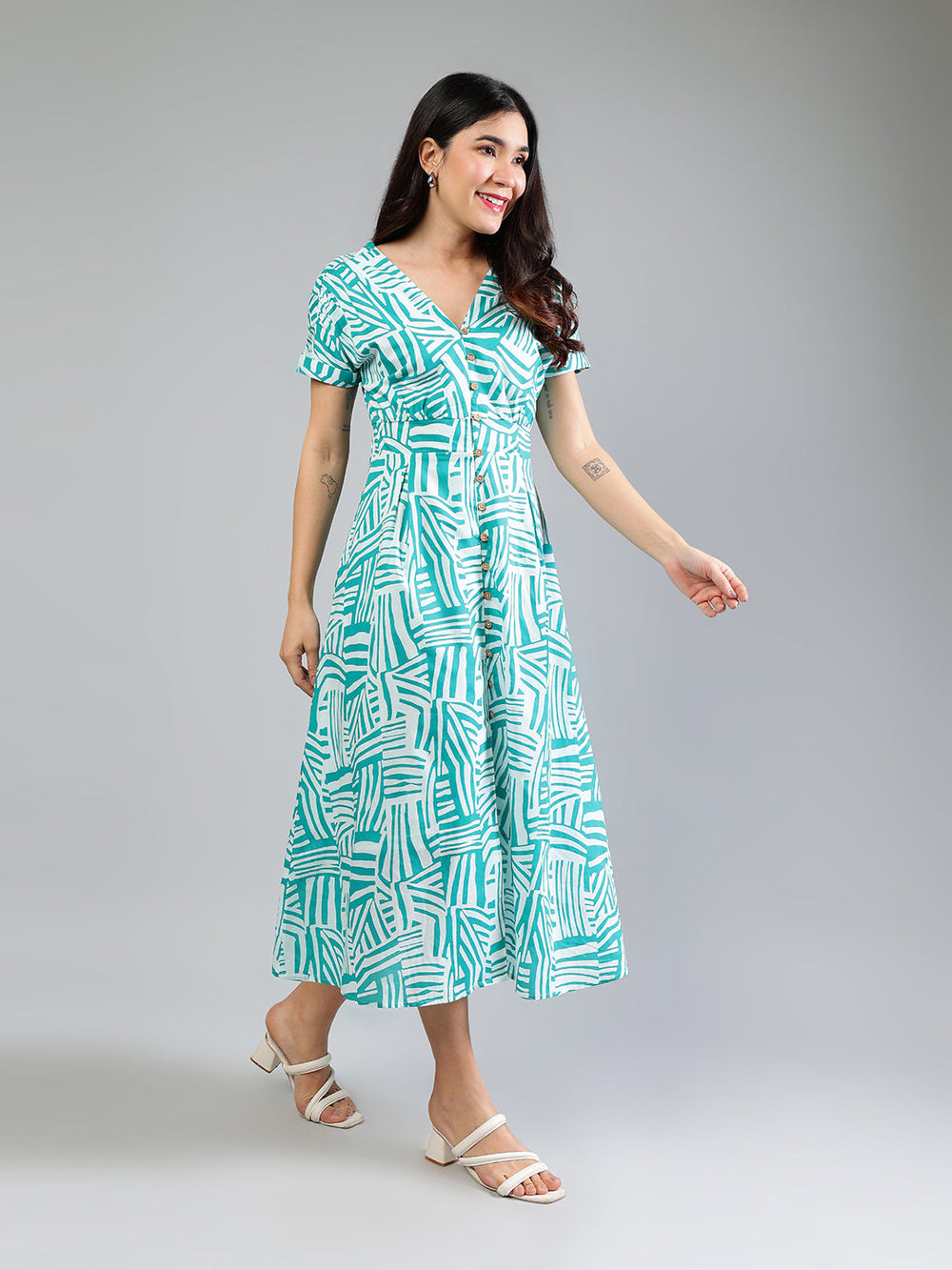 Teal-Cotton-Printed-Midi-Dress