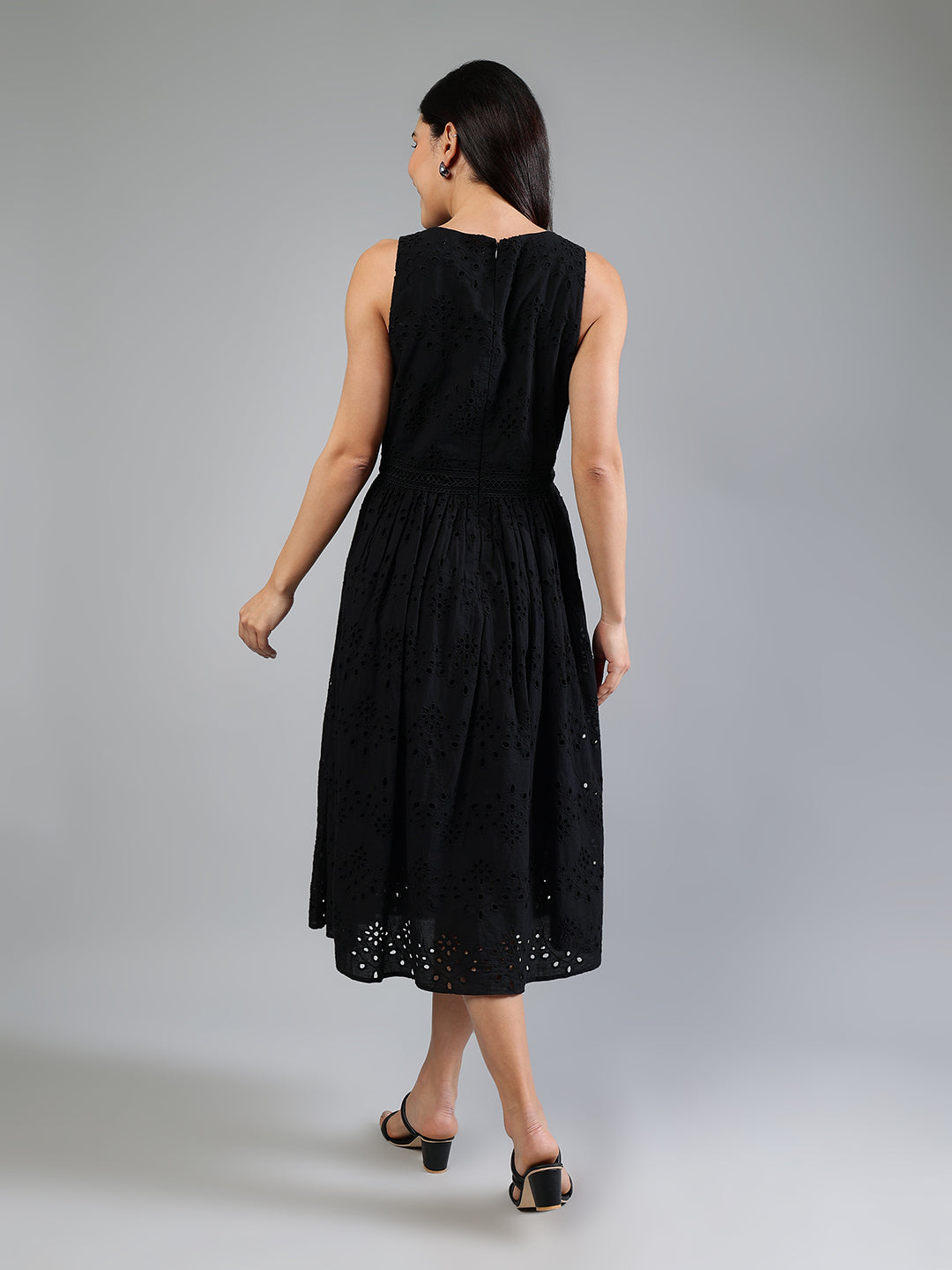 Black-Cotton-Schiffli-Midi-Dress