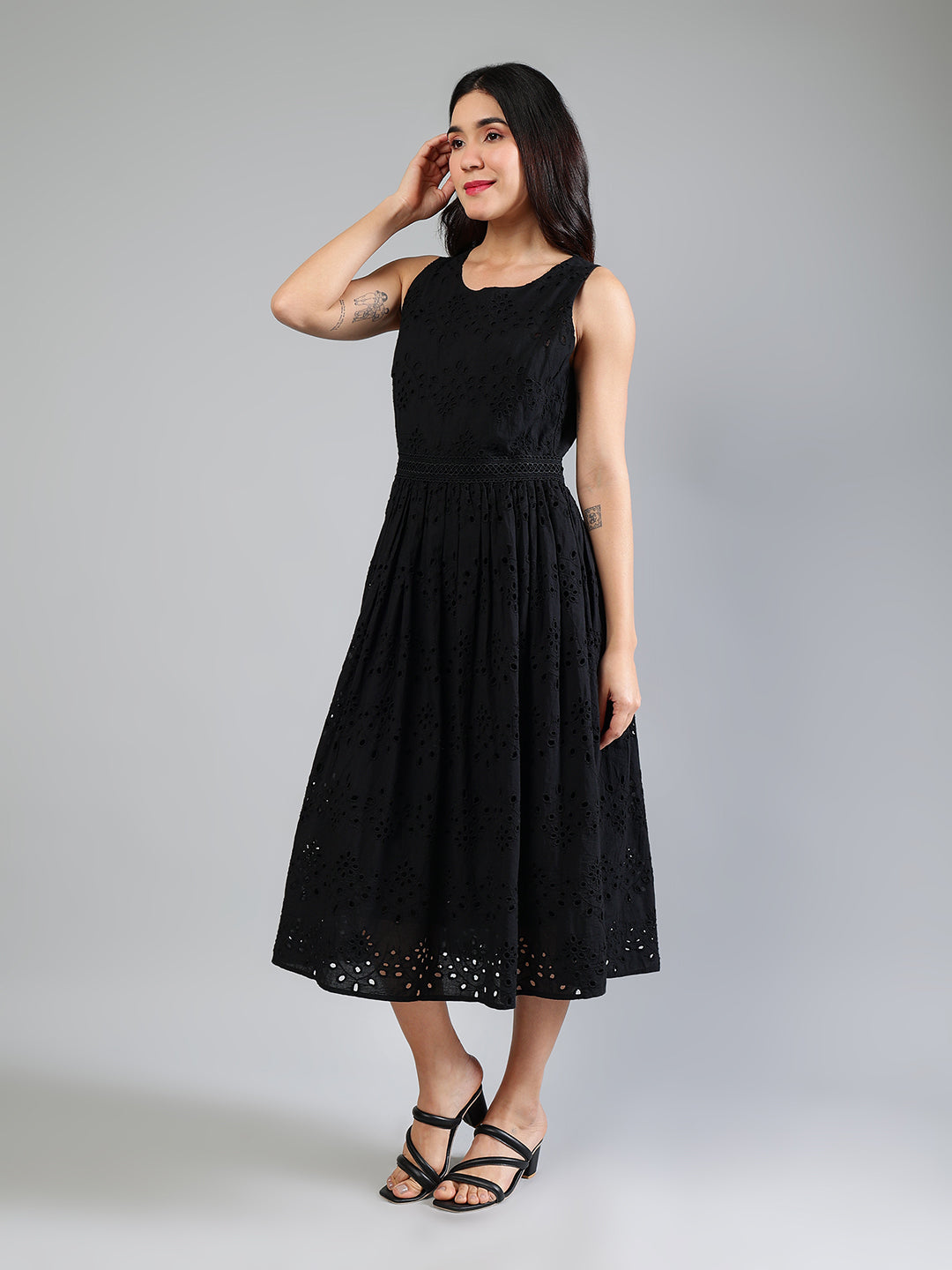 Black-Cotton-Schiffli-Midi-Dress