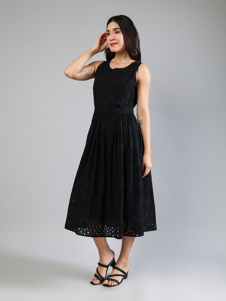 Black-Cotton-Schiffli-Midi-Dress