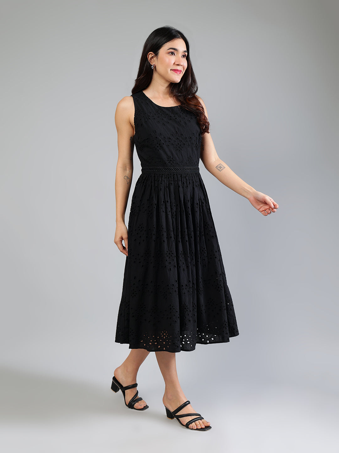 Black-Cotton-Schiffli-Midi-Dress