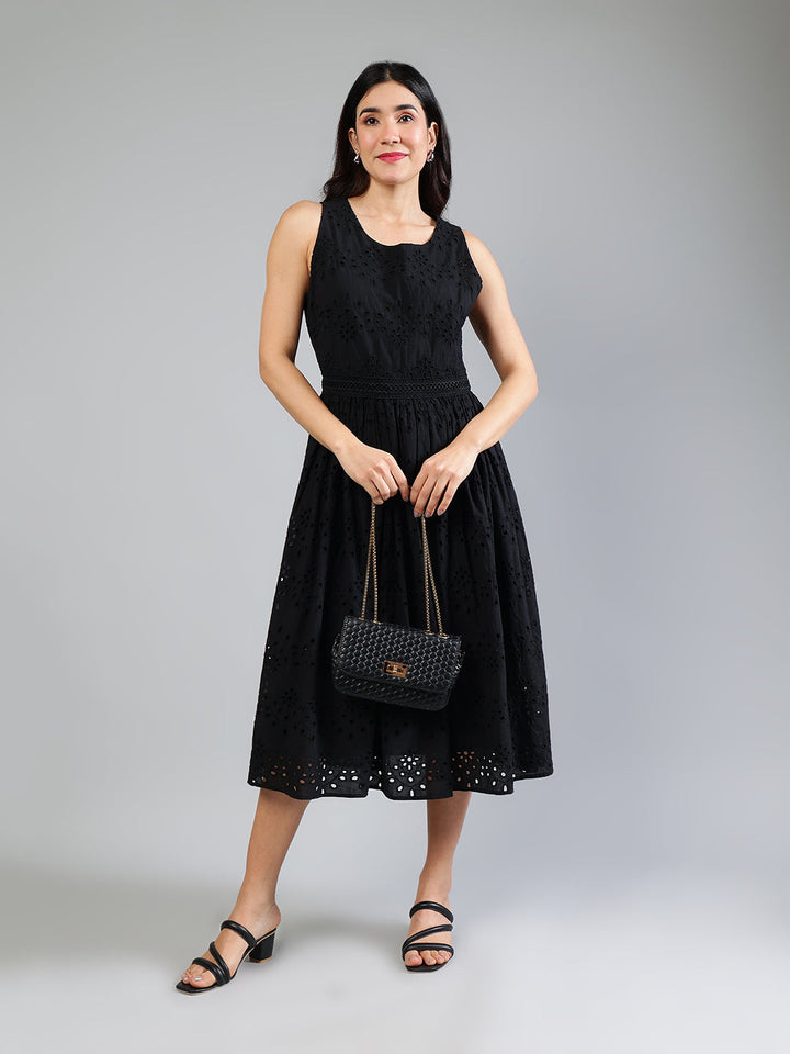 Black-Cotton-Schiffli-Midi-Dress