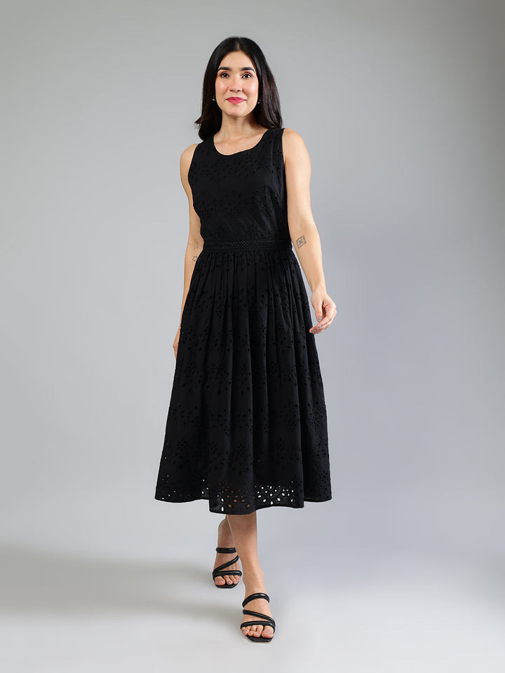 Black-Cotton-Schiffli-Midi-Dress