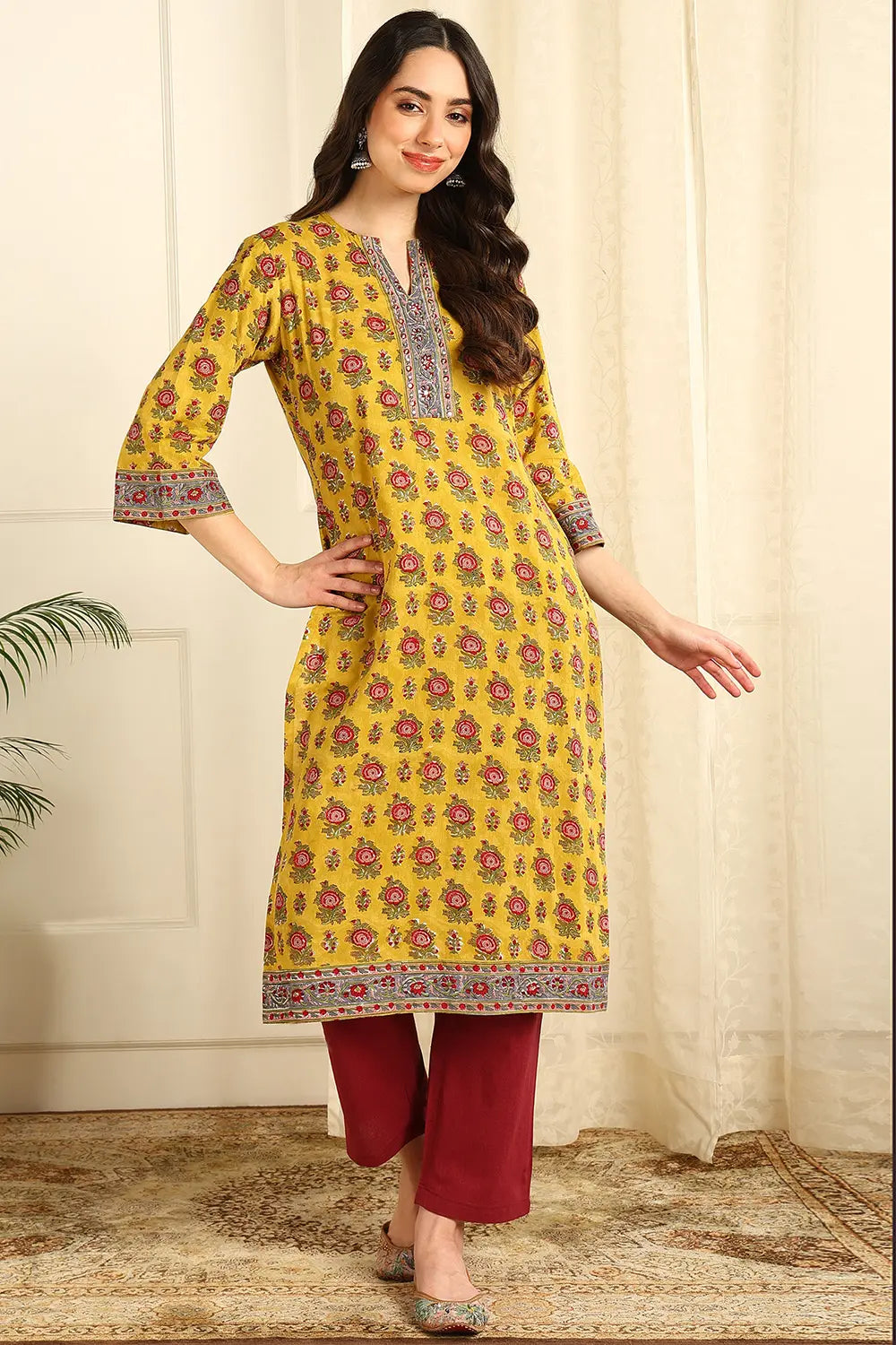 Mustard-Yellow-Cotton-Straight-Sanganeri-Kurta